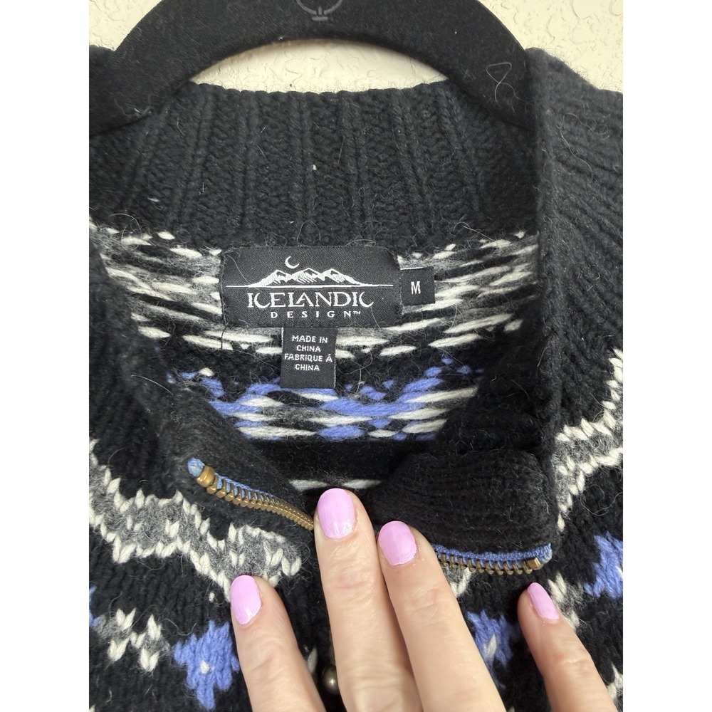 Icelandic Design Full Zip Cardigan Wool Blend Blue Black Fair Isle Sweater M - Picture 4 of 7